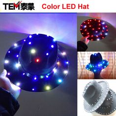 the light up hat is being displayed in different colors and sizes, including red, blue,