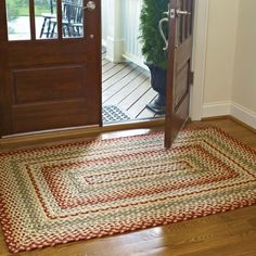 a door with a rug on the floor in front of it and a potted plant