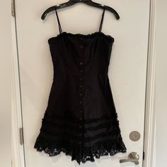 Betsey Johnson Black 100% Cotton Mini Dress. Adjustable Straps, Buttons Down The Front To Multiple Tiers Of Lace. Size 6 Fits More Like A 4. Ask If You Have Any Questions. Oversized Shirt Over Dress, Gothic Babydoll Dress, Shirt Over Dress, Dream Fashion, Cotton Mini Dress, Betsey Johnson Dresses, 60s Dress, 70s Dress, Birthday Dress