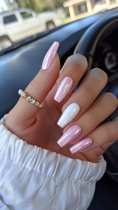 Pastel pink and white long square manicure nails, with pearl shine, spring nails, light pink, white spring outfit White And Pastel Pink Nails, Pastel And White Nails, Pink Graduation Nails Ideas, Pearl And Pink Nails, Pastel Pink And White Nails, Light Pink Nail Ideas With Design, Pink White Nails Design, Pearl Pink Nails Acrylic, Light Pink Nails Design Ideas