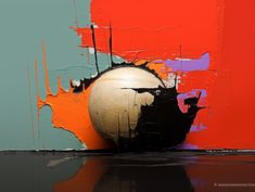 a vase sitting on top of a table next to an orange and blue wall with paint splatters