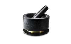 a black mortar and pestle on a white background