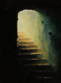 an oil painting of stairs leading into a dark cave with light coming from the entrance