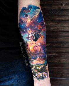 Russia Tattoo, Galaxy Tattoo Sleeve, Natur Tattoo Arm, Hot Air Balloon Tattoo, Air Balloon Tattoo, Balloon Tattoo, Hyper Realistic Tattoo