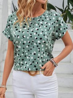 Green Casual Collar Short Sleeve Woven Fabric All Over Print Top Embellished Non-Stretch  Women Clothing Batwing Sleeve Shirt, Batwing Sleeve Blouse, Leopard Shirt, Elegant Dresses Long, Women Blouses, Loose Blouse, Polka Dot Blouse, Batwing Sleeve, Shirt Women