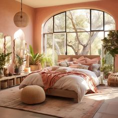 a bedroom with pink walls and large windows