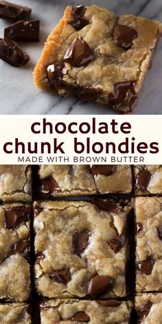 brown butter chocolate chunk blondies are stacked on top of each other and the bottom one is cut in half