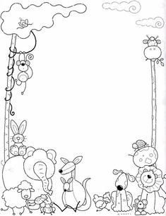 a coloring page for children with animals and trees in the background, including an animal border