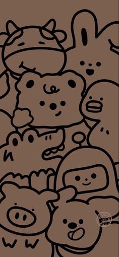 a group of cartoon bears standing next to each other in front of a brown background