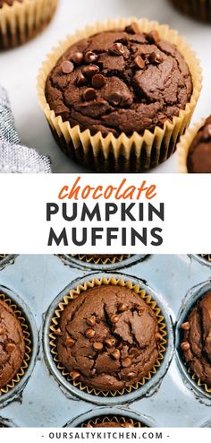 chocolate pumpkin muffins with text overlay