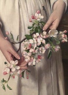 a painting of a woman holding flowers in her hands