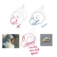 three different types of birds with their mouths open and beaks drawn in red, blue, and white