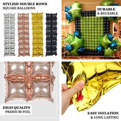 balloons and foils are arranged in different colors, shapes and sizes for balloon decor