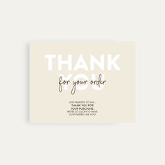 a thank card with the words thank you for your order in white ink on a beige background