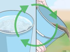 a bucket filled with ice sitting on top of a grass covered field next to a person holding