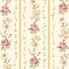 a floral wallpaper with pink flowers and green leaves on the side, along with yellow stripes