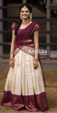 Saree Langa Blouse, Langa Dhavani Blouse Designs, Half Pattu Sarees, Half Saree With Pattu Saree, Lehanga Kerala Style, Langa Davani Designs Traditional, Blouse Designs For Pattu Lehenga, Traditional Lehanga Designs Latest, Pattu Dhavani