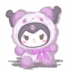 a drawing of a purple bear wearing a hoodie with ears and eyes, sitting on the ground