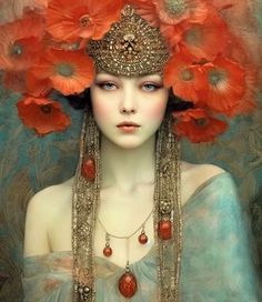 a woman with red flowers in her hair and necklaces around her neck, wearing an elaborate headdress