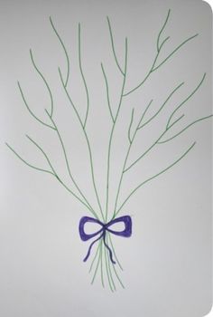 a drawing of a bunch of branches with a purple bow on it's end