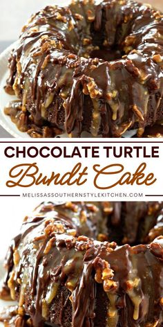 chocolate turtle bundt cake on a white plate