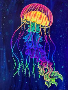 a painting of a jellyfish in the dark blue water with bubbles on it's sides