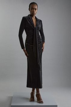 Velvet Long Sleeve Wrap V Neck Maxi Dress | Karen Millen Chic Velvet Midi Dress For Evening, Ruched Cocktail Evening Dress For Party Season, Ruched Evening Dress For Gala, Ruched Evening Dress For Gala And Party Season, Cocktail Ruched Evening Dress For Party Season, Glamorous Ruched Evening Dress For Party, Long Sleeve Ruched Velvet Evening Dress, Formal Draped Midi Dress For Fall, Elegant Velvet Midi Dress For Night Out