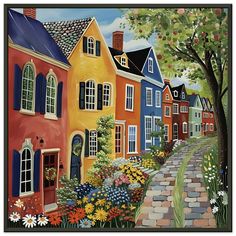 a painting of colorful houses with flowers and trees