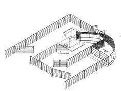 a drawing of a horse stable with its stalls and stalls in the center, as well as an enclosed area for horses to stay inside