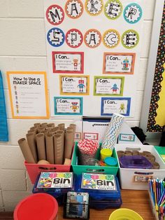 the table is full of school supplies for students to use in their classroom work stations