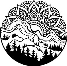 a black and white drawing of mountains, trees and clouds in a circular frame with an intricate