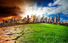 an image of a city in the distance with grass growing on it's ground