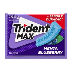 a box of blueberry chewing gum with the word's name on it and an arrow