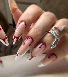 Knife Nails Design, Black And Red Nails With Cross, Alternative Valentine Nails, Red Ombre Halloween Nails, Long Almond Acrylic Nails Halloween, Cute Nails For Concerts, Halloween Movie Nail Designs, Spooky Halloween Nails Stiletto, Gel X Nail Designs Halloween