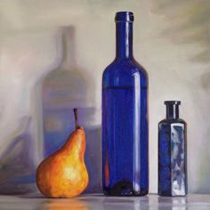 an oil painting of a bottle and a pear next to each other on a table