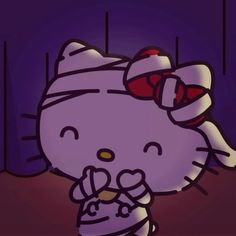 an animated hello kitty holding a teddy bear in her arms and looking down at the ground