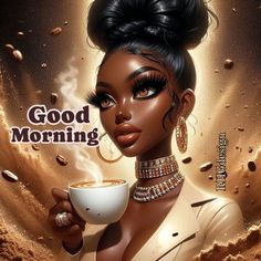 a woman holding a cup of coffee with the words good morning written on it in front of her face