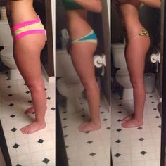 three pictures of a woman in bikinis standing in front of a bathroom mirror and looking at her cell phone