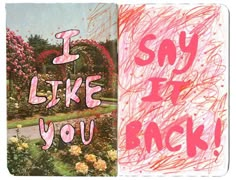 an open book with the words i like it back written in pink and red ink