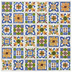 an artistic tile design with flowers and leaves in blue, green, orange and yellow colors