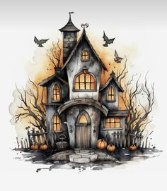 a watercolor drawing of a house with bats flying around it and pumpkins on the ground