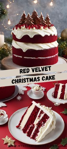 a red velvet christmas cake with white frosting