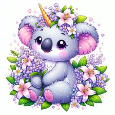 a cute koala bear with flowers and a unicorn horn