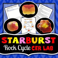 the starburst rock cycle cer lab is shown with pictures and text on it