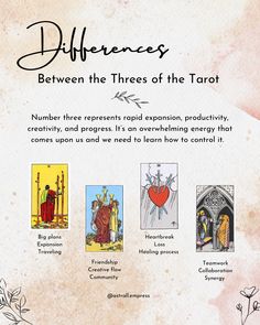 Differences between number threes in Tarot 
Three of Wands means bug planes, on and traveling. Three of Cups is friendship, creative flow and community. Three of Swords is Heartbreak, loss and healing process. Three if Pentacles is teamwork, collaboration and synergy. Tarot Combinations Meanings, The Chariot Tarot Card, Chariot Tarot Card, Chariot Tarot, The Chariot Tarot, Tarot Guidebook, Tarot Significado