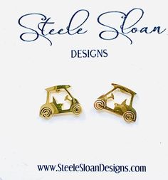 Best Ladies Golf Gift - Golf Lovers! Newest Gold Cart Earrings! These hypoallergenic stainless steel gold earrings are the most adorable - cute little golf carts measure just at 1/2 inch - makes the perfect Unique Ladies Golf Gift! Golf Gift, Ladies Golf #golfgift #ladiesgolf Pair with some birdies :) :) https://www.etsy.com/listing/1087675627/tiny-hummingbird-earrings-cute-earrings or https://www.etsy.com/listing/1241620663/sweet-swallow-earrings-gold-stud1Special quantity orders available - pl Swallow Earrings, Golf Bracelet, Gold Cart, Golf Jewelry, Trendy Golf, Golf Girl, Hummingbird Earrings, Golf Party, Moving Gifts