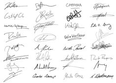 many different autographs are shown in black ink