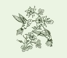 two hummingbirds flying over flowers on a light green background with the word love written in black ink