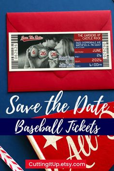 save the date baseball tickets with candy canes and candy bar wrapper on blue background