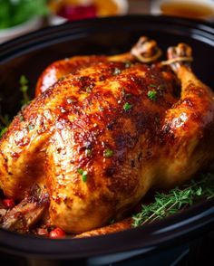 a roasted chicken in a slow cooker with fresh herbs and seasoning on the side